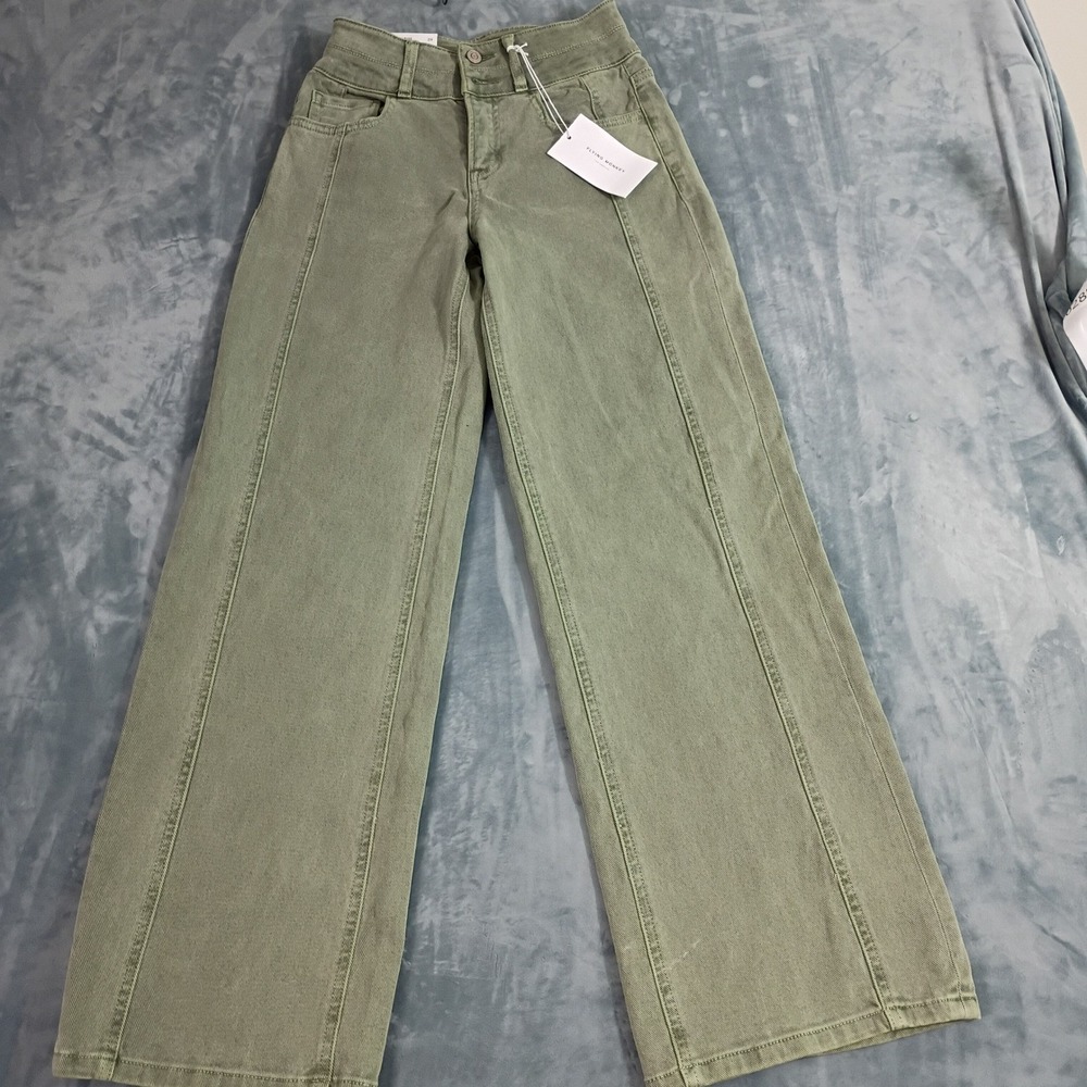 Flying Monkey Womens Super High Rise Wide flare Leg Jeans Olive Green NWT 24x30